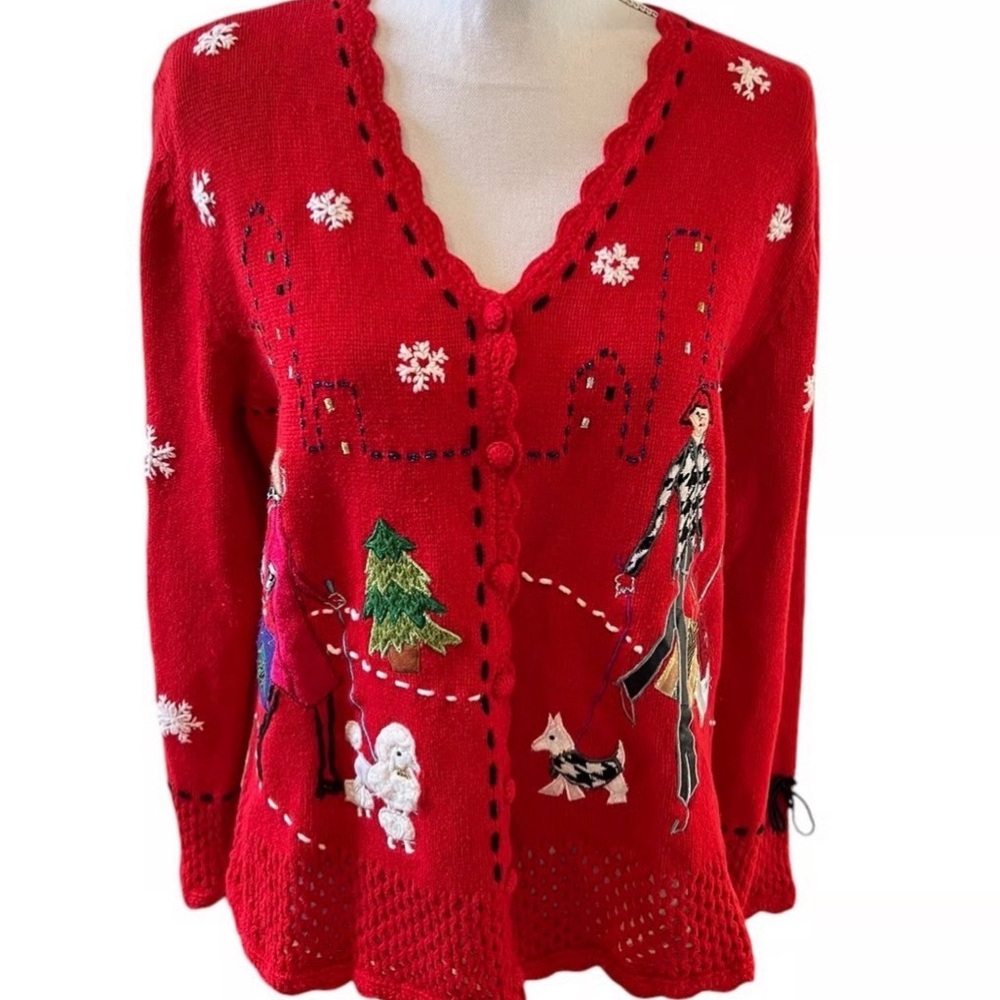 Designers Originals Studio Christmas Red Dog Women's Cardigan Sweater Large